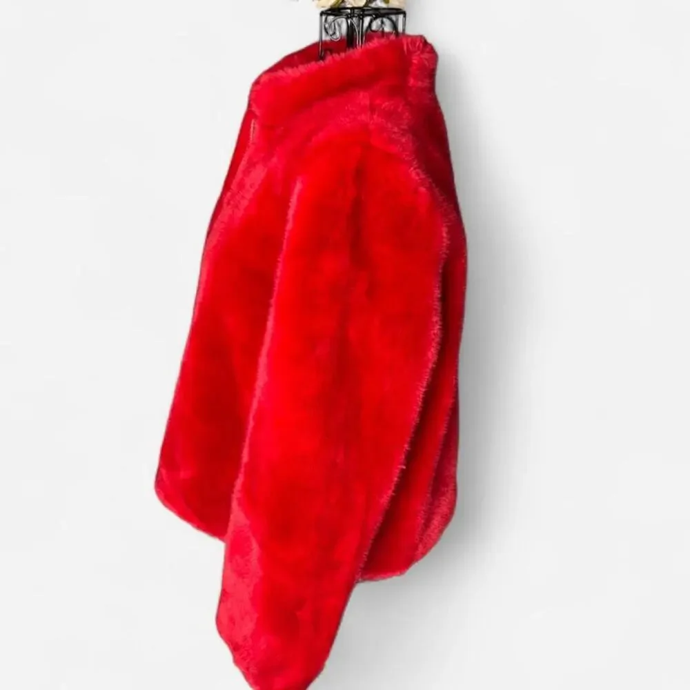 Red Faux Fur Zip Up Jacket Mock Neck Teddy Shaggy Coat Small